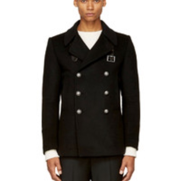 BALMAIN MEN'S 54 BLACK PEA COAT JACKET - Picture 2 of 16